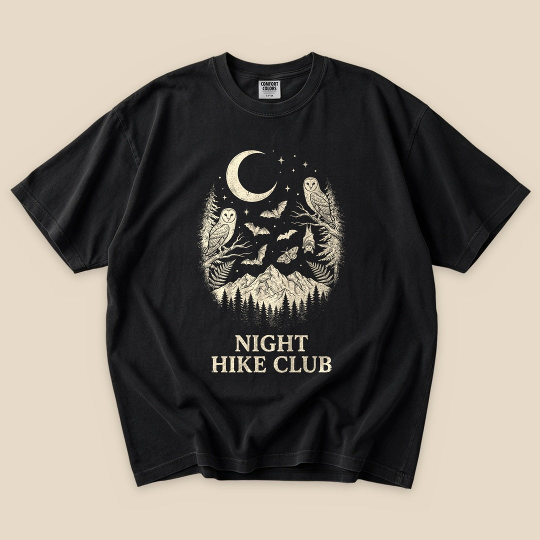 Black Night Hike Club T-Shirt with an owl, crescent moon and mountains graphic