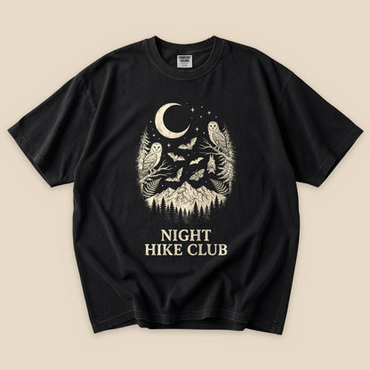 Black Night Hike Club T-Shirt with an owl, crescent moon and mountains graphic