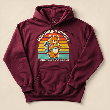 Maroon Bear Hiking Buddies Hoodie with a cute hiking bear graphic
