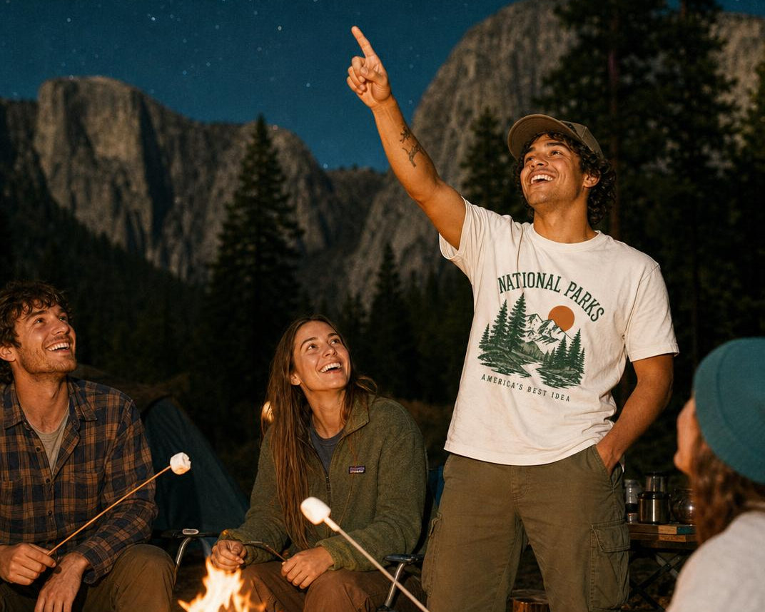 Four people gathered around a campfire at night in front of mountains, roasting marshmallows and looking up at the stars. The person standing in the center wears a white National Parks t-shirt and points toward the sky.