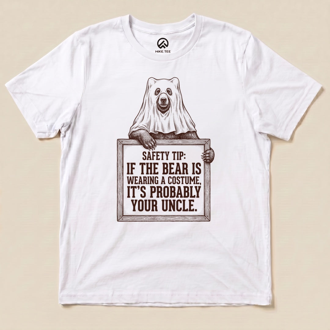 White Bear Safety Tip Shirt with a bear in a ghost sheet holding a safety tip sign graphic