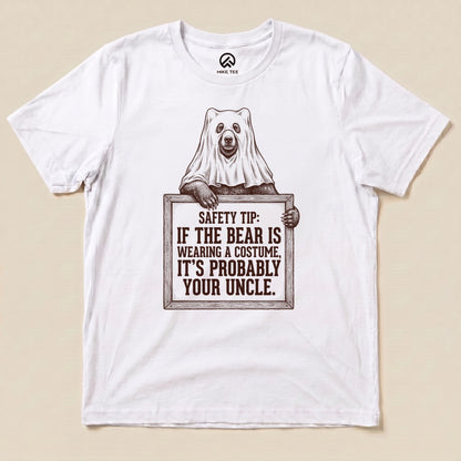 White Bear Safety Tip Shirt with a bear in a ghost sheet holding a safety tip sign graphic