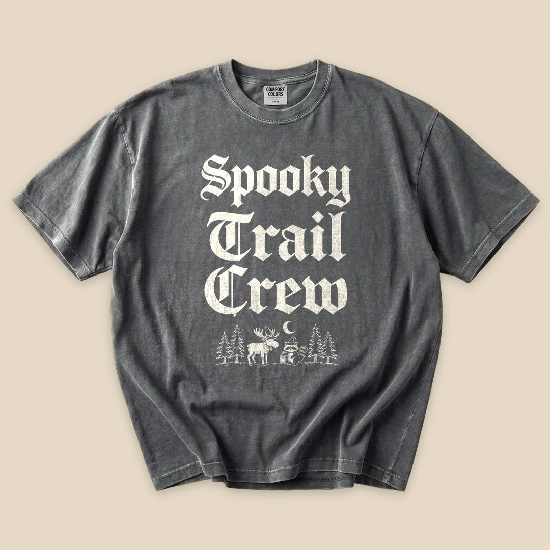 Pepper Spooky Trail Crew T-Shirt with gothic Spooky Trail Crew lettering and a forest graphic