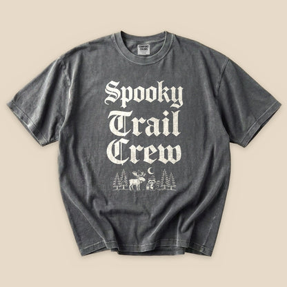 Pepper Spooky Trail Crew T-Shirt with gothic Spooky Trail Crew lettering and a forest graphic