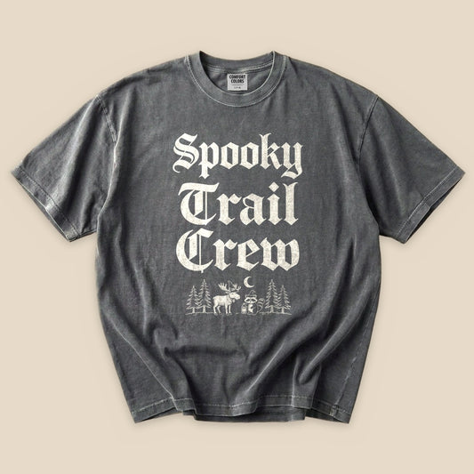Pepper Spooky Trail Crew T-Shirt with gothic Spooky Trail Crew lettering and a forest graphic