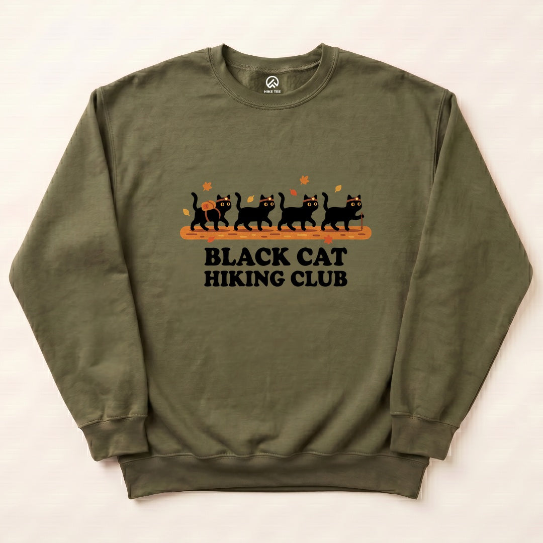 Military Green Black Cat Hiking Club Sweatshirt with four black cats hiking on an autumn trail graphic