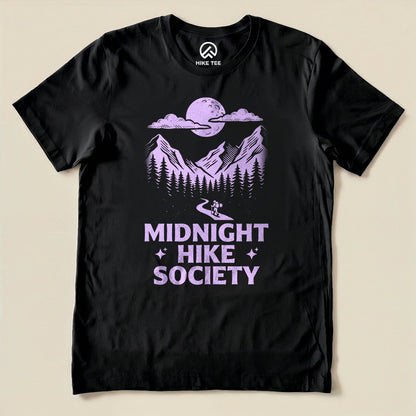 Black Midnight Hike Society Shirt with a moonlit mountain scene with a night hiker graphic