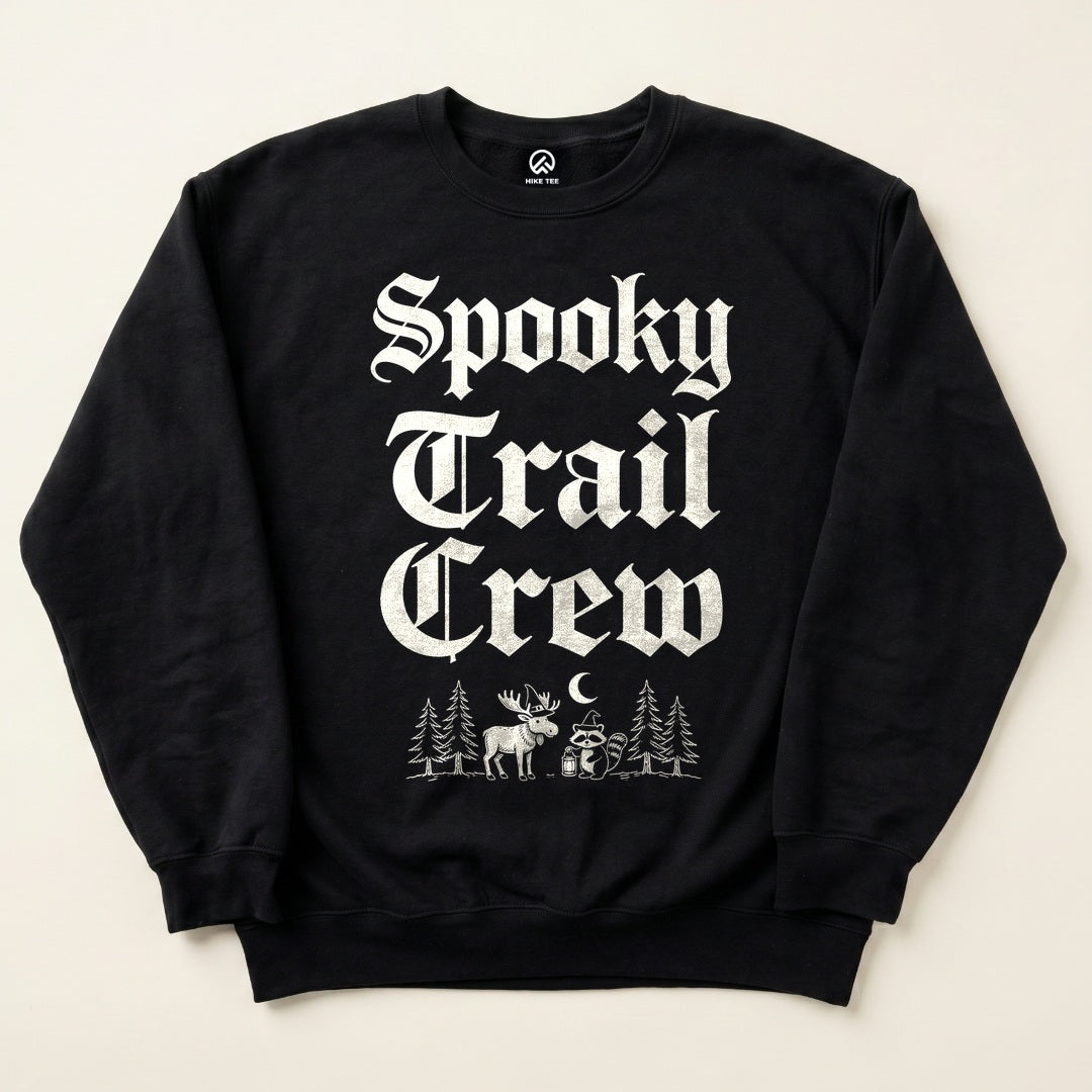 Black Spooky Trail Crew Sweatshirt with gothic Spooky Trail Crew lettering with a moose and a raccoon graphic