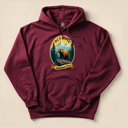 Maroon Olympic National Park Bear Hoodie with a vintage bear and mountains badge graphic