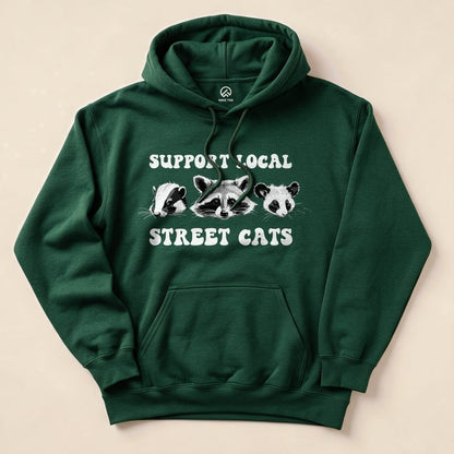 Forest Green Street Cats Hoodie with a skunk, raccoon and possum graphic