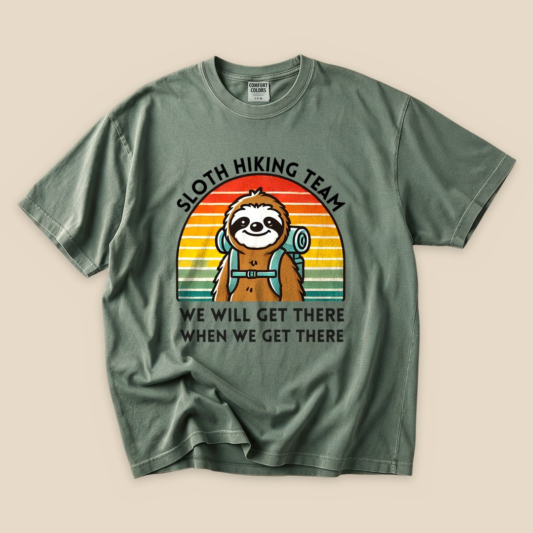 Moss Sloth Hiking Team T-Shirt with a backpacking sloth and retro sunset graphic