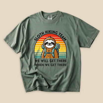 Moss Sloth Hiking Team T-Shirt with a backpacking sloth and retro sunset graphic