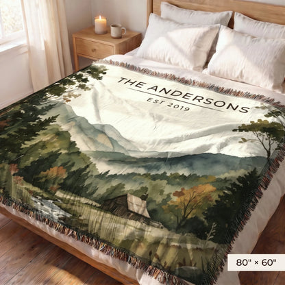 Great Smoky Mountains Cabin Woven Blanket 80x60 covering a queen bed