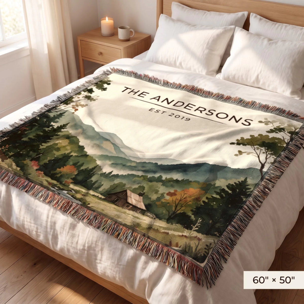 Great Smoky Mountains Cabin Woven Blanket 60x50 on a queen bed with personalized family name