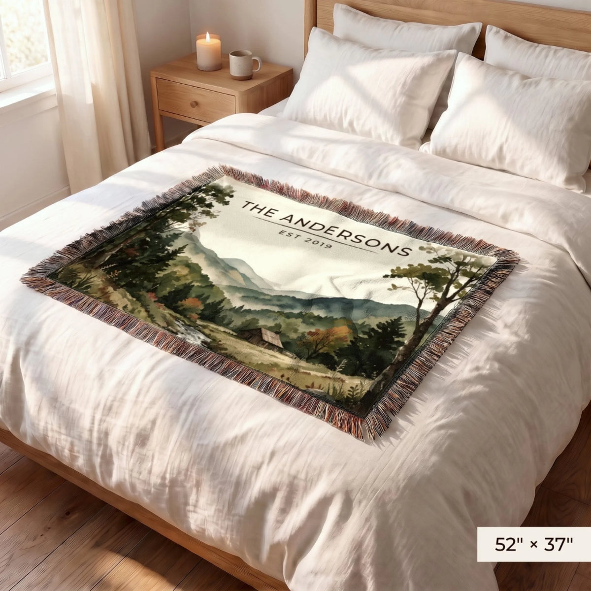 Great Smoky Mountains Cabin Woven Blanket 52x37 on a queen bed for size comparison