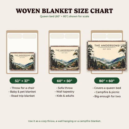 Woven blanket size chart: 52x37, 60x50 and 80x60 shown on a queen bed for scale