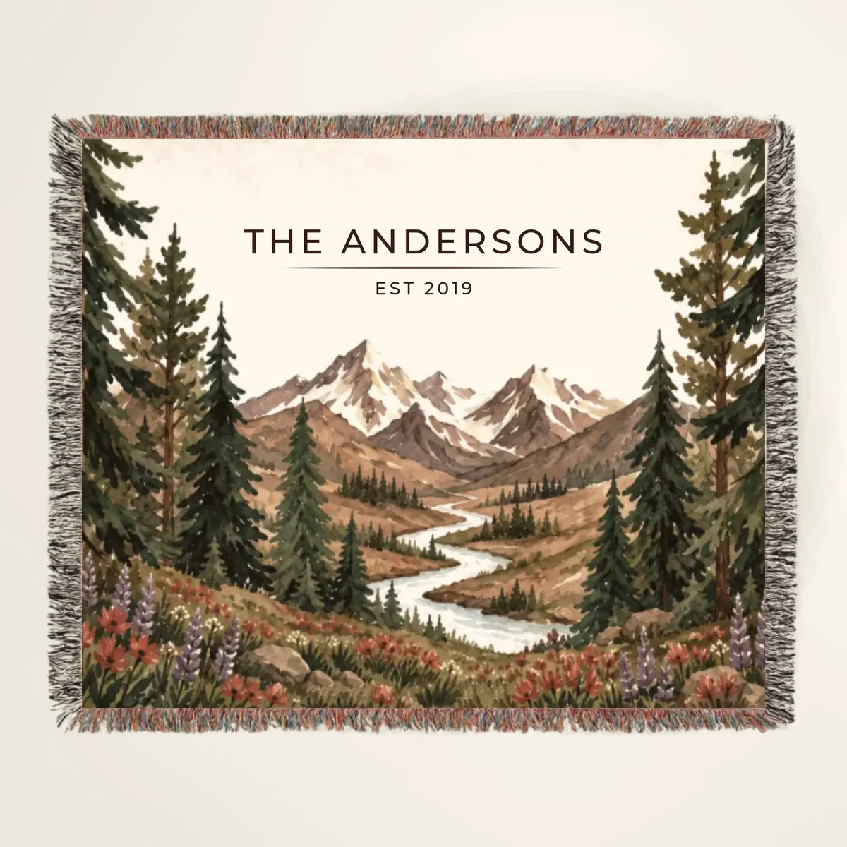 Personalized Mountain River Wildflower woven blanket with family name
