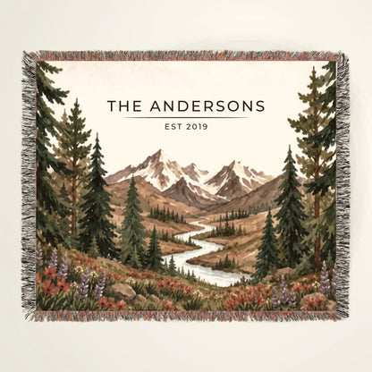 Personalized Mountain River Wildflower woven blanket with family name