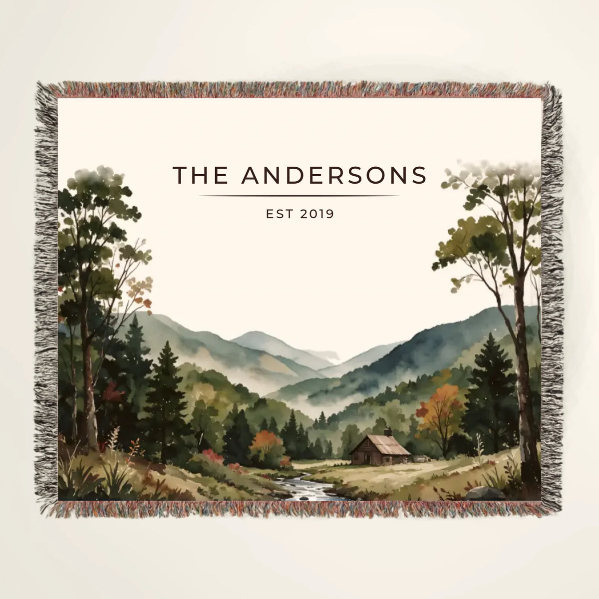 Personalized Great Smoky Mountains Cabin woven blanket with family name