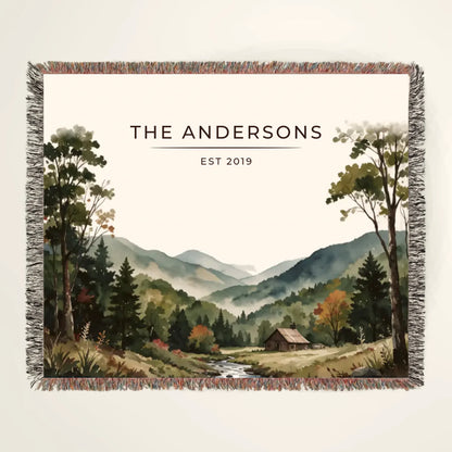 Personalized Great Smoky Mountains Cabin woven blanket with family name