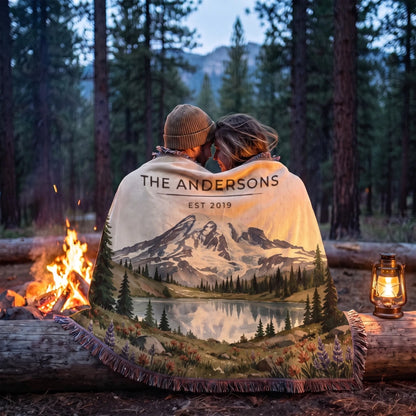 Couple wrapped in the Mount Rainier Lake Woven Blanket by a campfire