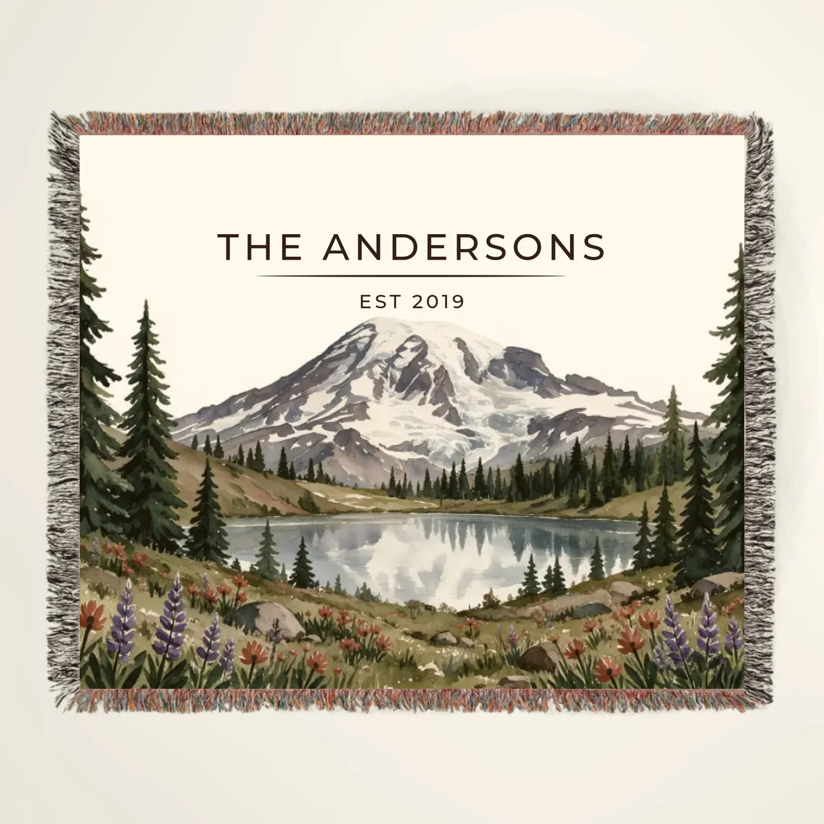Personalized Mount Rainier Lake Woven Blanket with family name