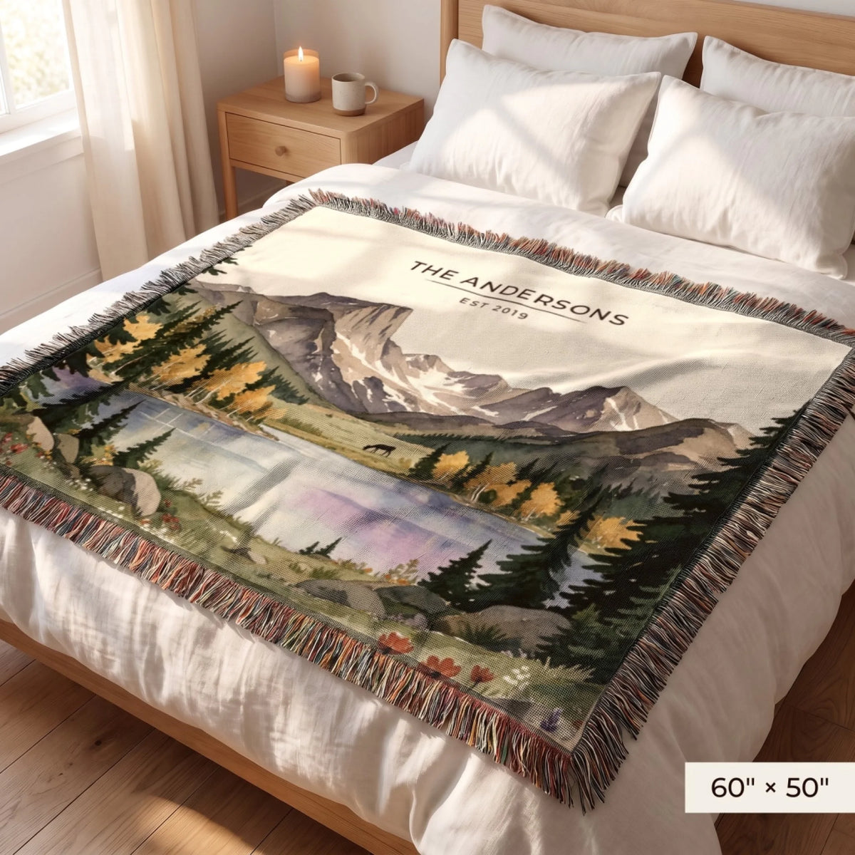 Rocky Mountain Lake Elk Woven Blanket 60x50 on a queen bed