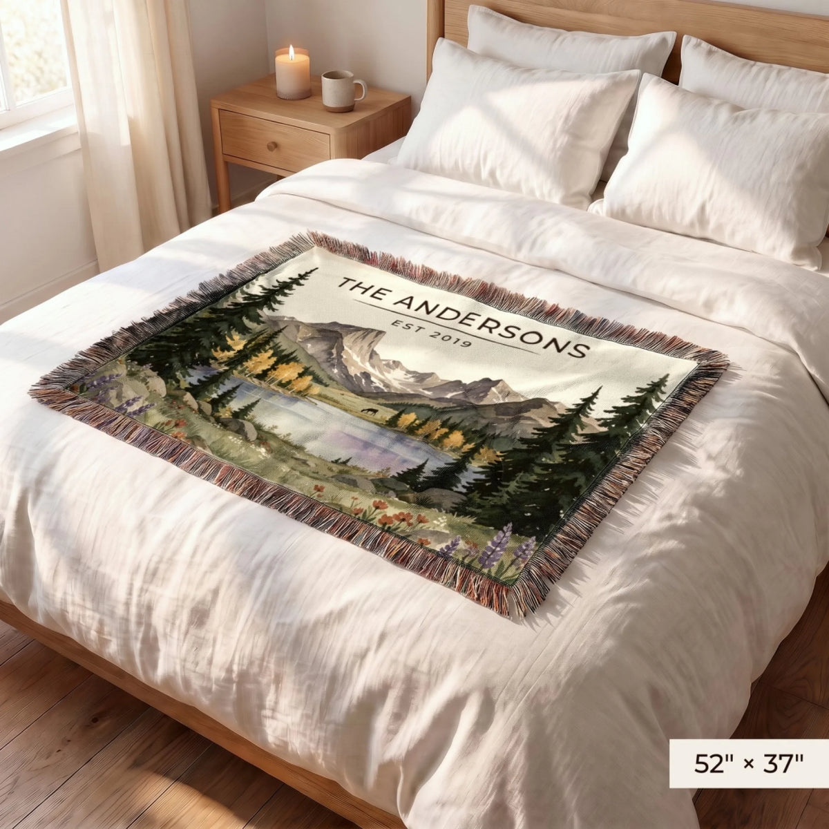 Rocky Mountain Lake Elk Woven Blanket 52x37 on a queen bed