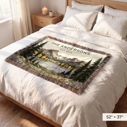 Rocky Mountain Lake Elk Woven Blanket 52x37 on a queen bed