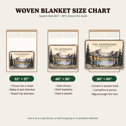 Woven blanket size chart 52x37, 60x50, 80x60