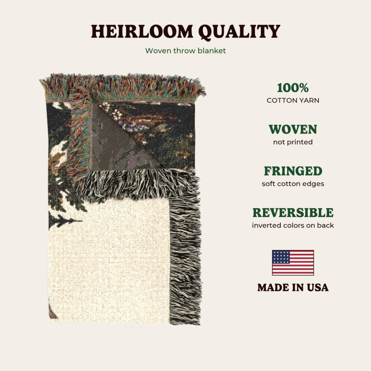 100% cotton woven blanket, fringed, reversible, made in USA
