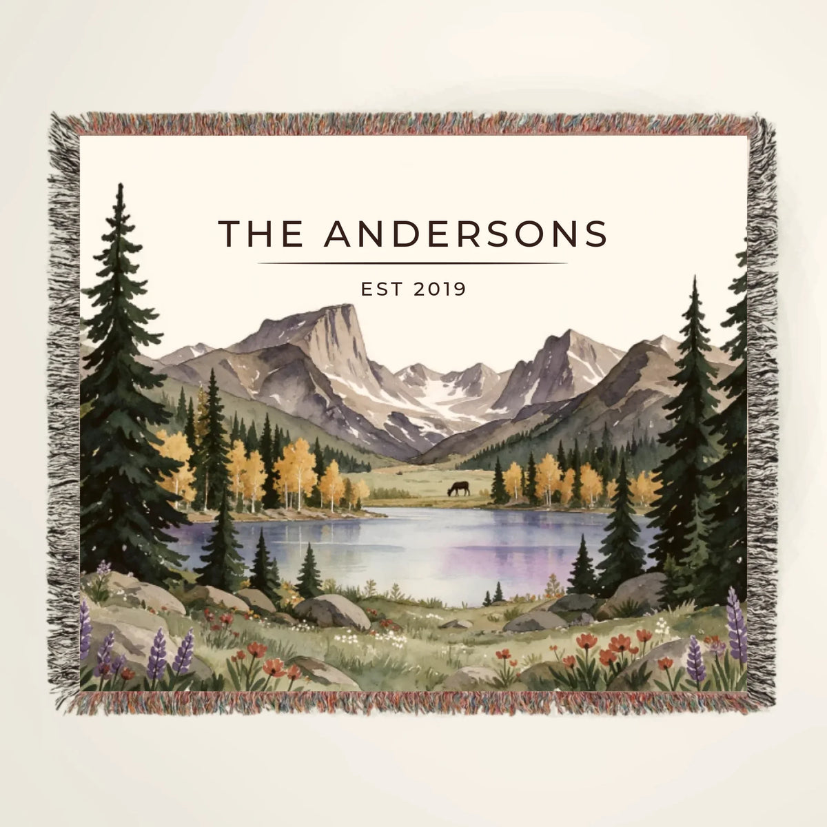 Personalized Rocky Mountain Lake Elk Woven Blanket with family name