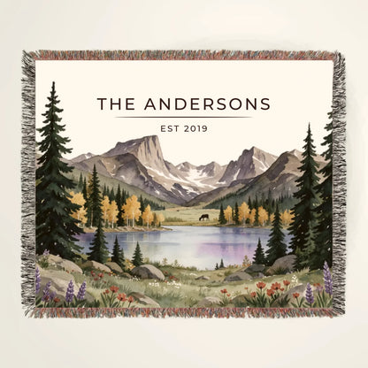 Personalized Rocky Mountain Lake Elk Woven Blanket with family name