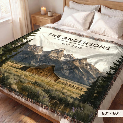 Grand Teton Barn Woven Blanket 80x60 on a queen bed