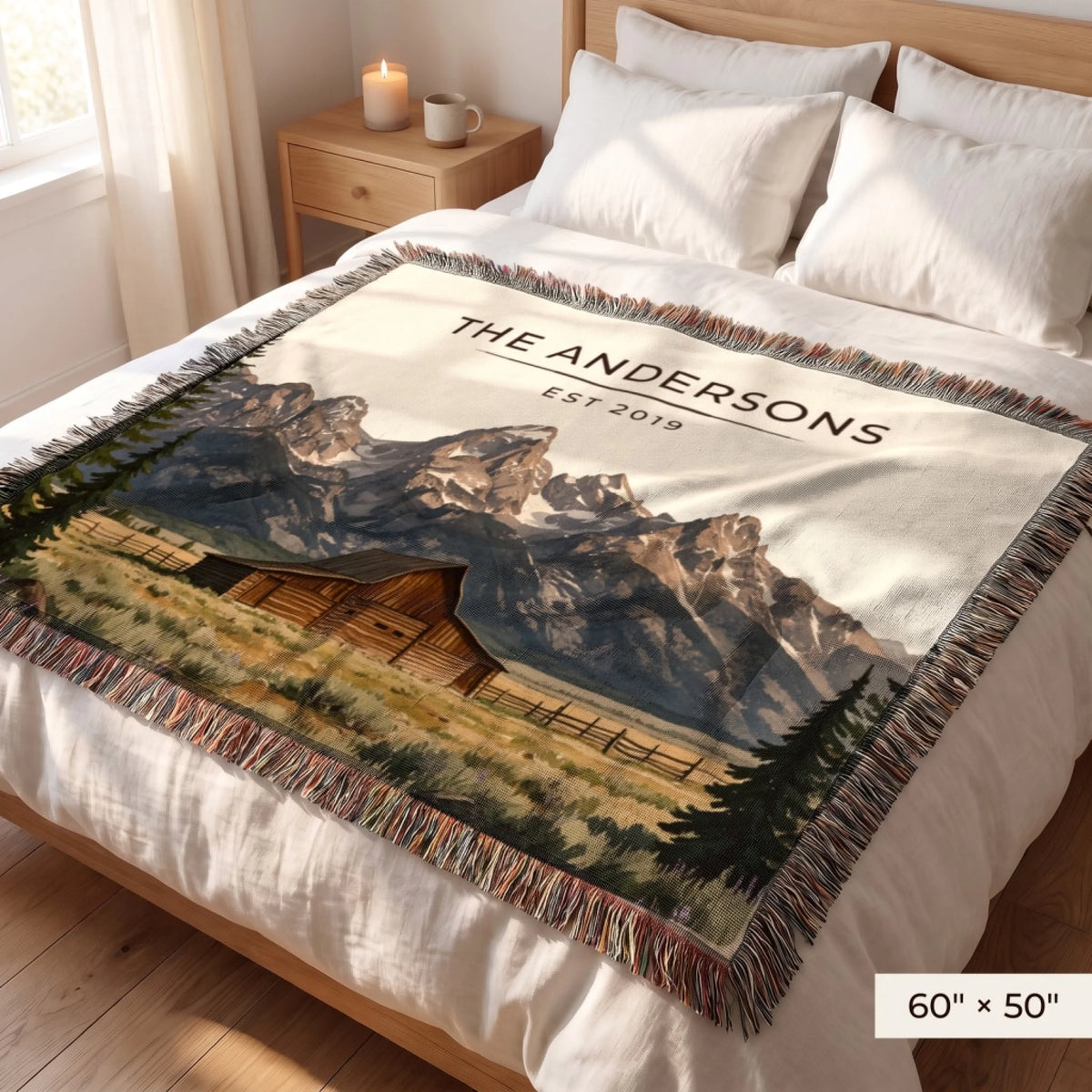 Grand Teton Barn Woven Blanket 60x50 on a queen bed