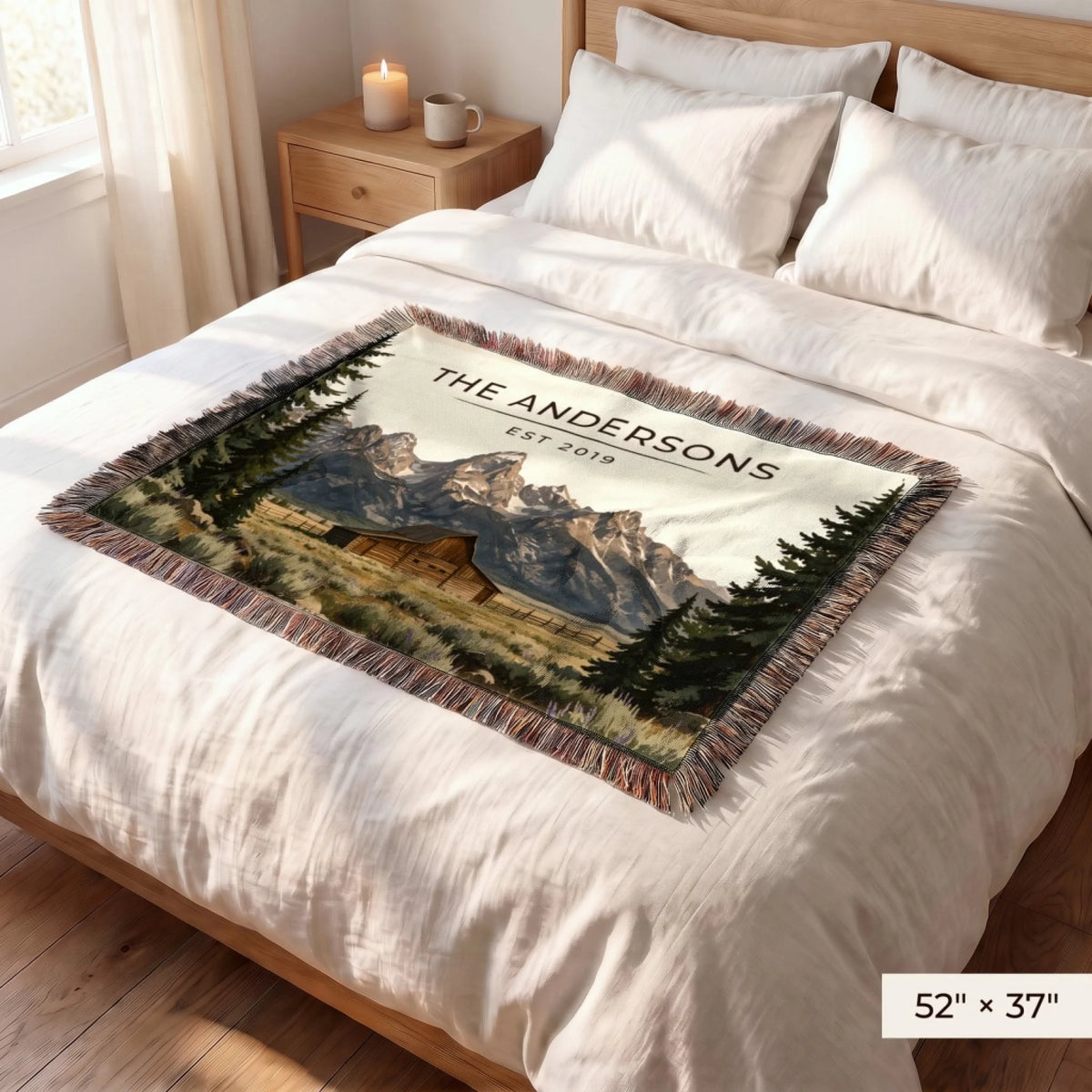 Grand Teton Barn Woven Blanket 52x37 on a queen bed
