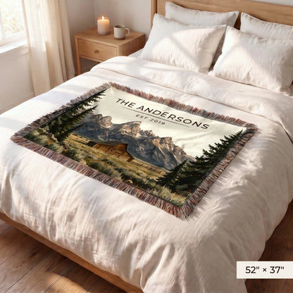 Grand Teton Barn Woven Blanket 52x37 on a queen bed
