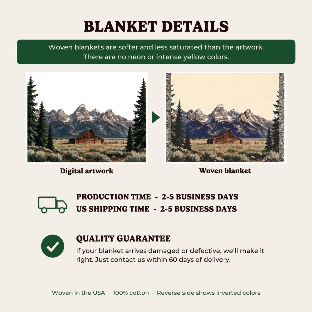Woven blanket details, production time and quality guarantee