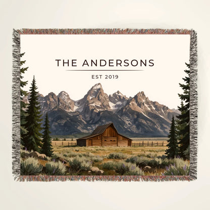 Personalized Grand Teton Barn Woven Blanket with family name