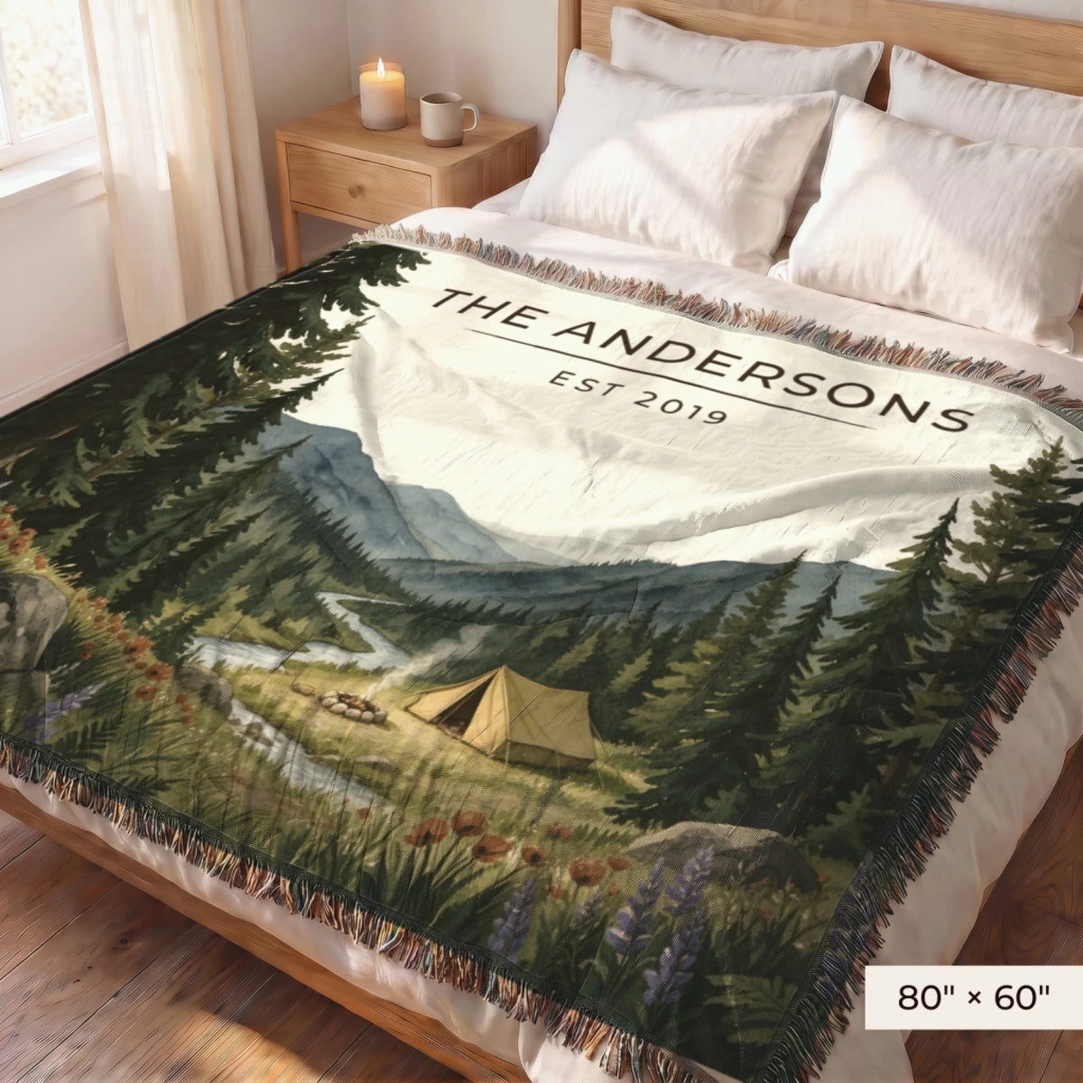 Forest Campsite Woven Blanket 80x60 on a queen bed