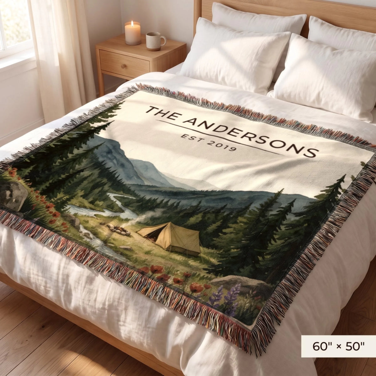 Forest Campsite Woven Blanket 60x50 on a queen bed