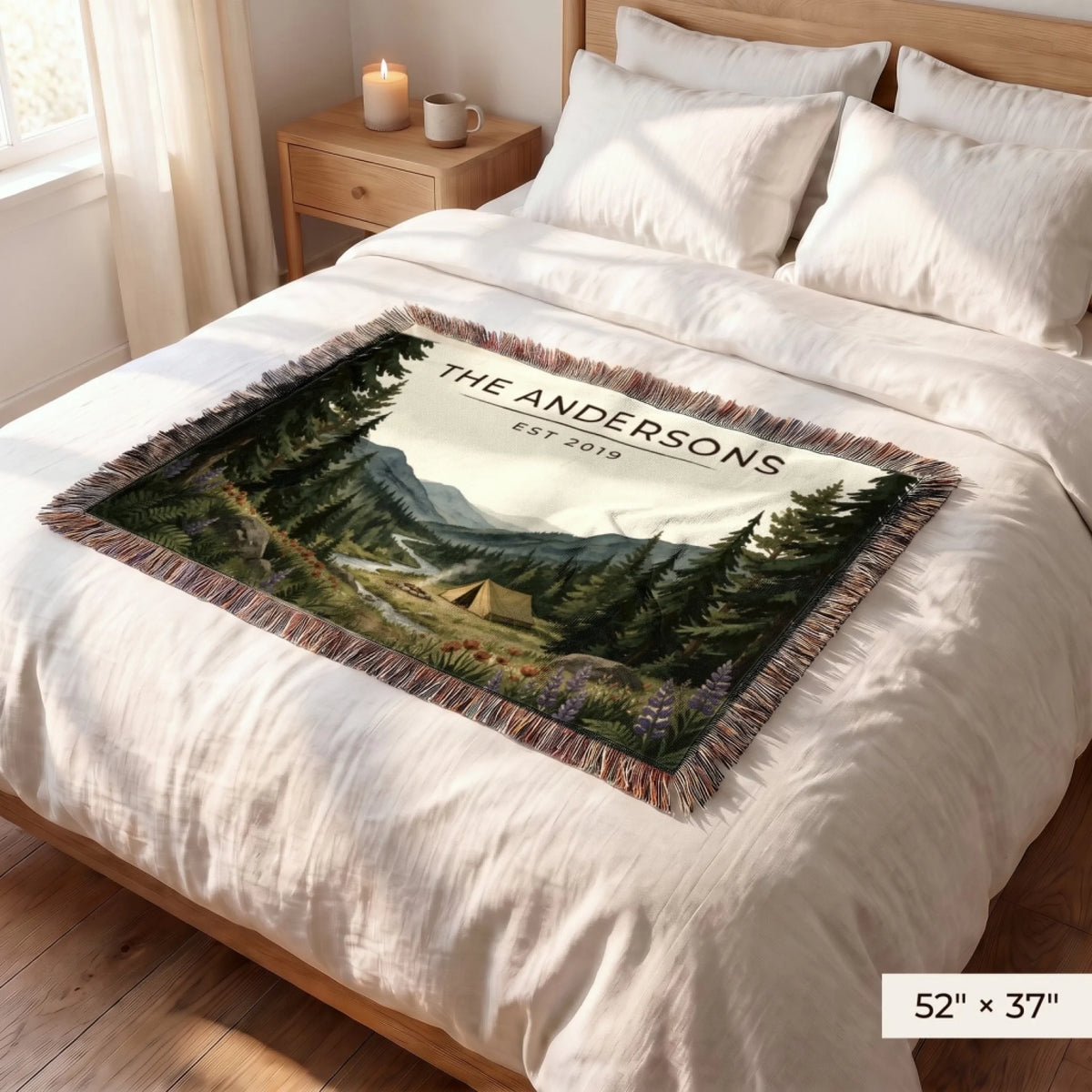 Forest Campsite Woven Blanket 52x37 on a queen bed