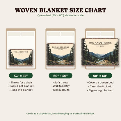 Woven blanket size chart 52x37, 60x50, 80x60