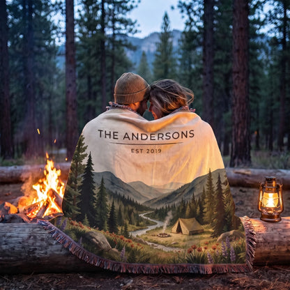 Couple wrapped in the Forest Campsite Woven Blanket by a campfire