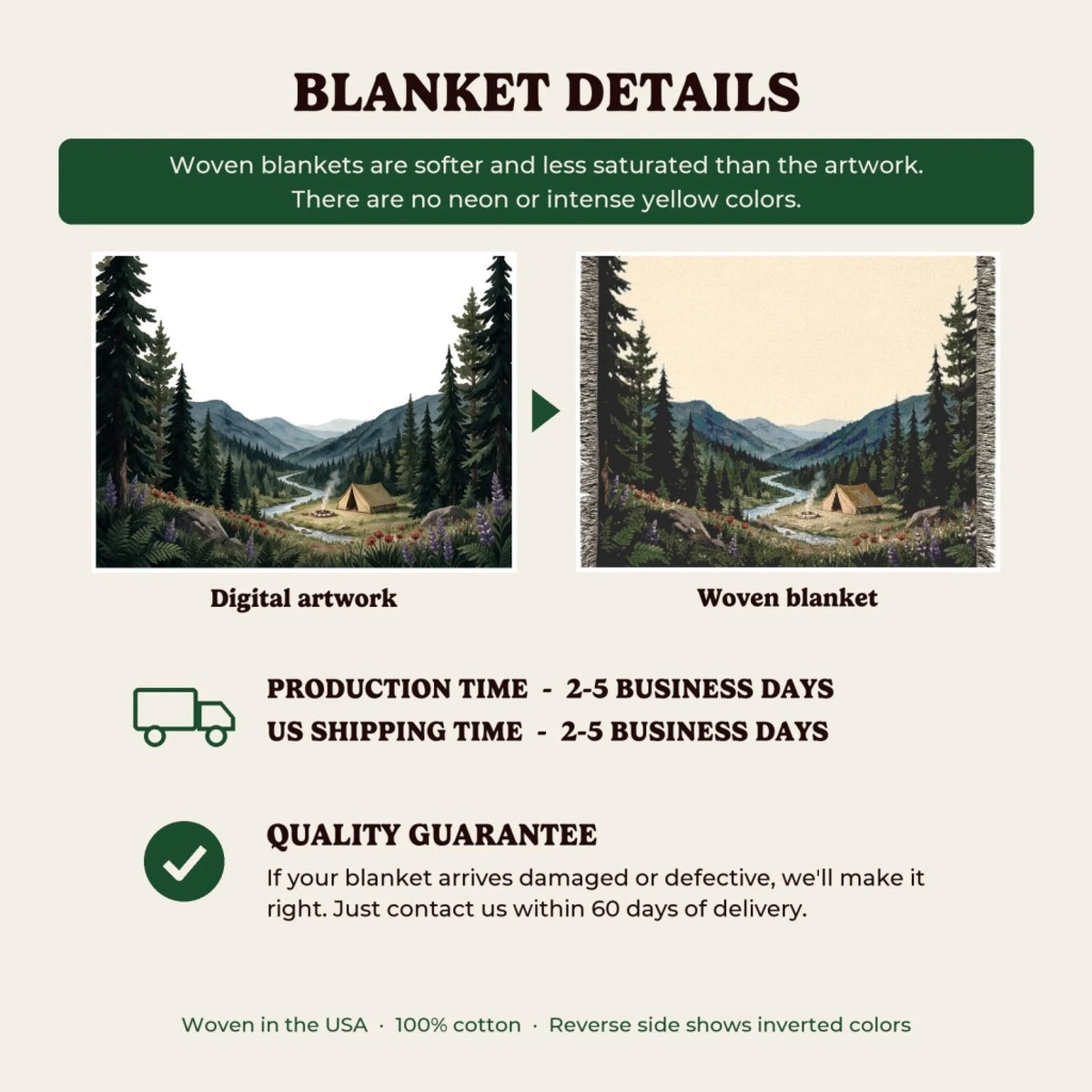 Woven blanket details, production time and quality guarantee