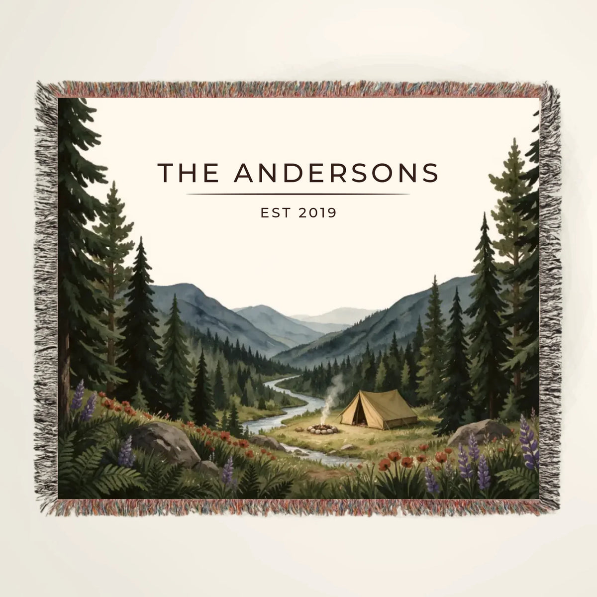 Personalized Forest Campsite Woven Blanket with family name