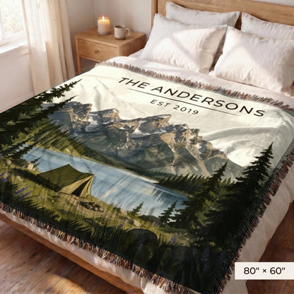 Grand Teton Lake Campsite Woven Blanket 80x60 on a queen bed