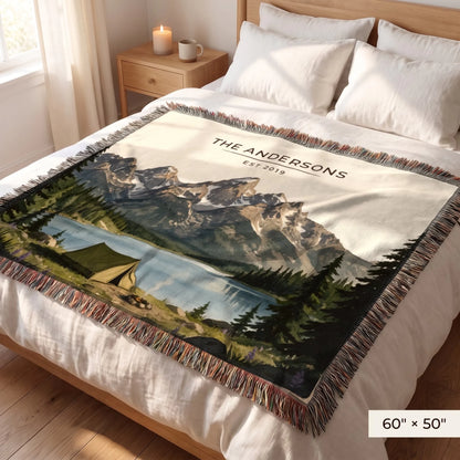 Grand Teton Lake Campsite Woven Blanket 60x50 on a queen bed