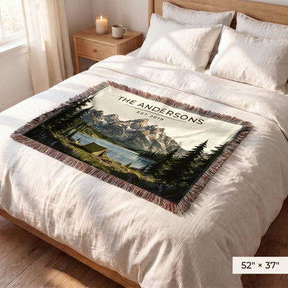 Grand Teton Lake Campsite Woven Blanket 52x37 on a queen bed