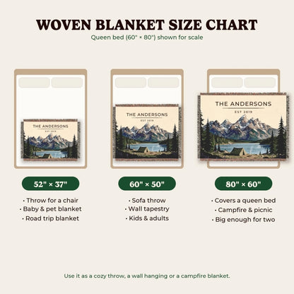 Woven blanket size chart 52x37, 60x50, 80x60